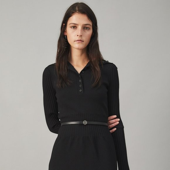 Tory Burch Skinny Embellished Logo Belt Black Rhinestones Crystals Leather - Picture 3 of 13